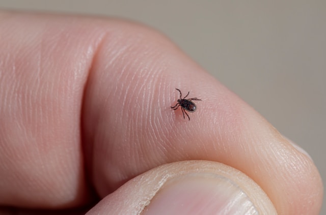 Small black tick crawling on a finger