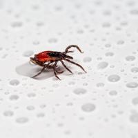 Blacklegged tick on white flooring with water droplets 