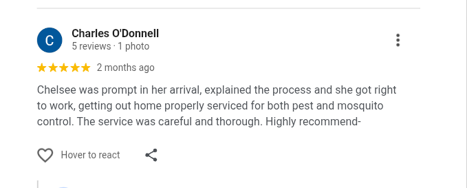 Five-star customer review of Connor's Pest Pros pest control service