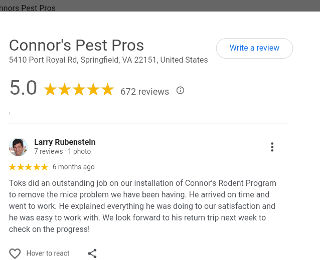 Customer review praising Connor's Pest Pros rodent control for prompt, efficient service