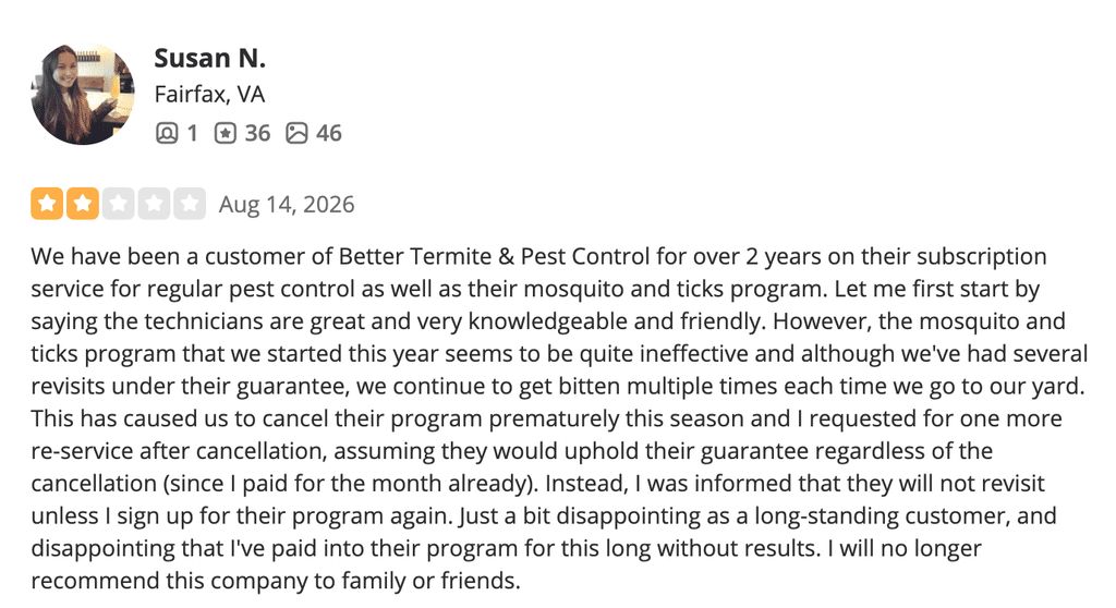 Review noting that the exterminator’s mosquito and ticks program was quite ineffective
