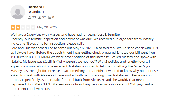 Two-star customer review of Massey Services citing rising prices and slow follow-up