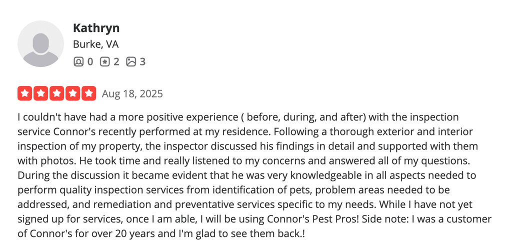 Review highlighting the customer’s positive experience with Connor’s Pest Pros