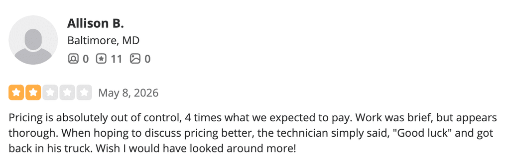 Review noting that the customer had to pay four times more than what was expected