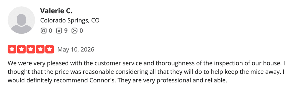 Review highlighting Connor’s Pest Pros’ customer service and thorough inspection