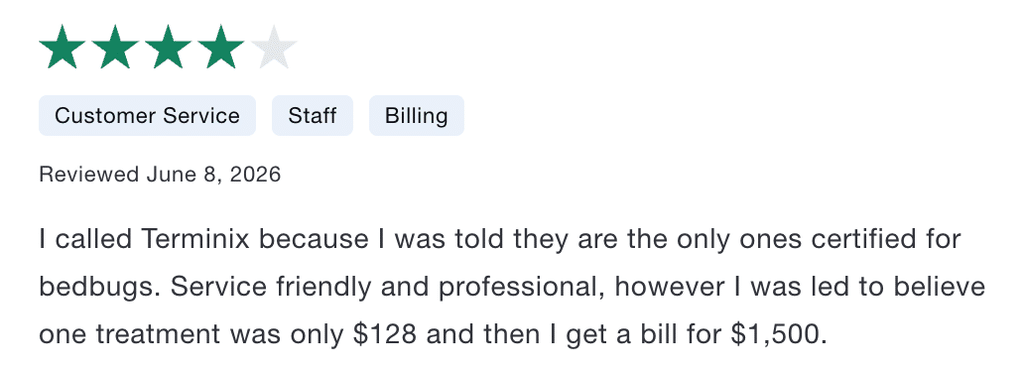 Review highlighting how a customer was billed $1,500 when the customer thought that it would only be $128