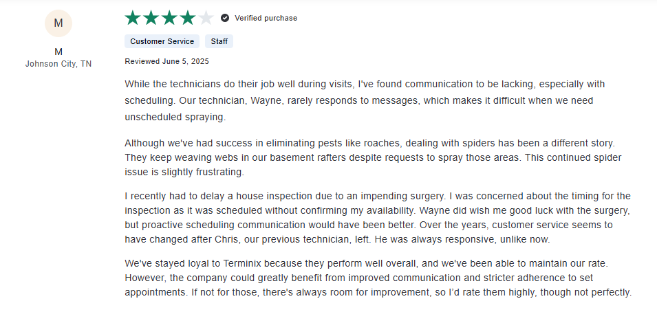 Four-star customer review of Terminix pest control mentioning mixed service experience