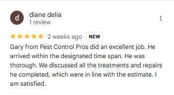 Five-star customer review of Connor's Pest Pros local pest control by Diane Delia