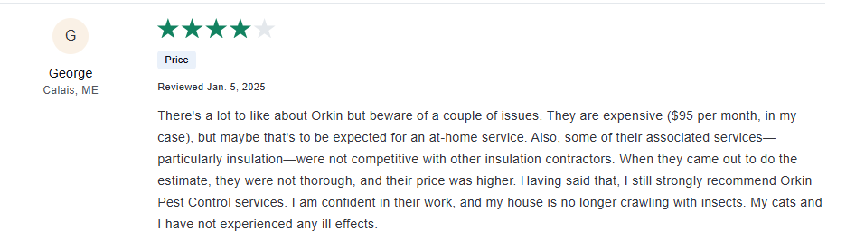 Four-star customer review of Orkin pest control service
