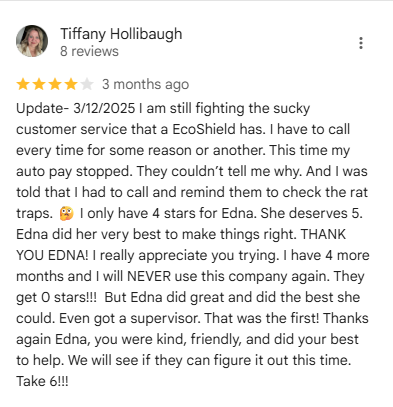 Four-star customer review of EcoShield eco-friendly pest control from a customer named Tiffany