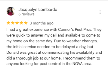 Five-star Google review praising Connor's Pest Pros for fast, friendly local pest control service