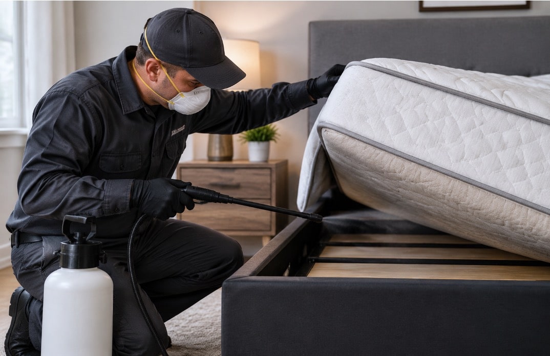 A pest control technician carrying out bed bug removal by lifting and spraying a mattress, where the insects are commonly found