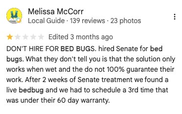 Screenshot of a customer’s review for Senate Termite & Pest Control. 