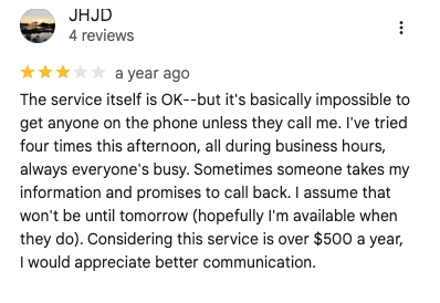 Screenshot of a customer’s 3-star review for Green Pest Services. 