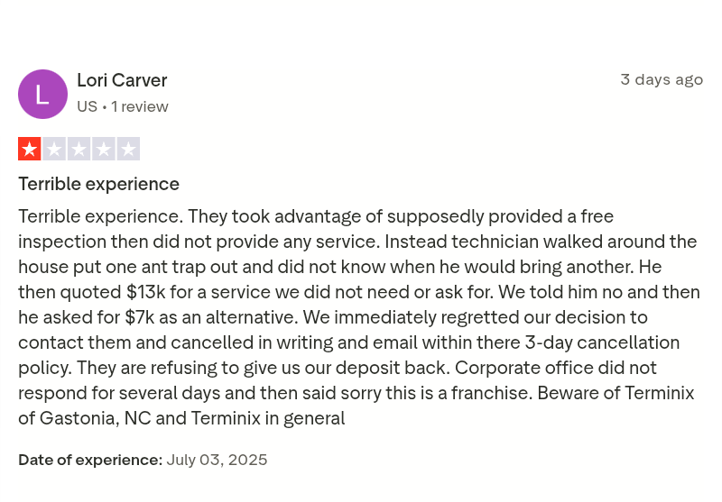 Customer review citing hidden and unexpected charges after a Terminix inspection