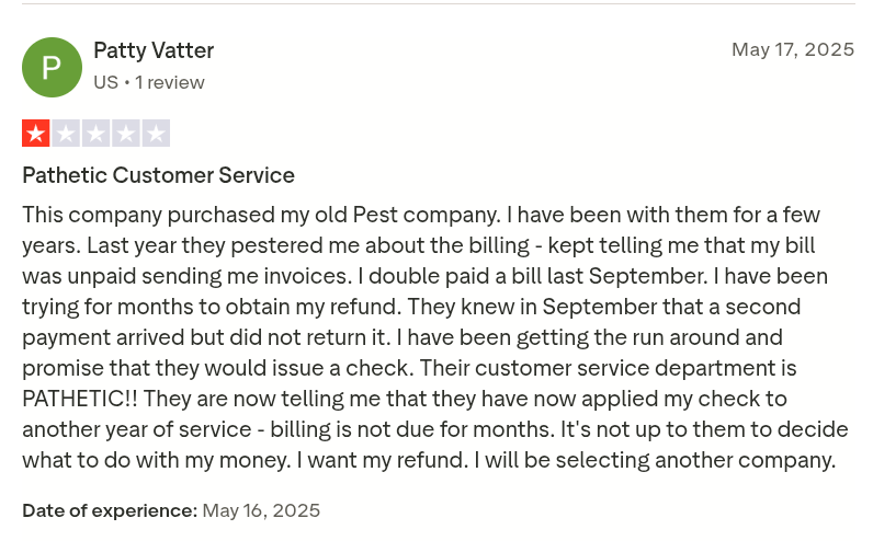 Customer review describing a billing and refund issue with American Pest