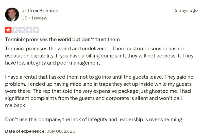 Customer review describing a poor service experience with Terminix