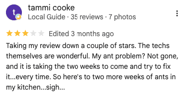 Screenshot of a customer’s 3-star review for EcoShield Pest Solutions. 