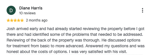 Screenshot of a customer’s 5-star review for Connor’s Pest Pros. 