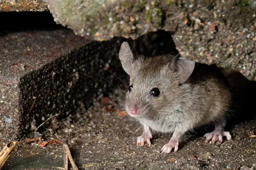 Close-up of a small gray house mouse with large rounded ears, dark eyes, a pink nose, and long whiskers crouched on dirt beside a dark concrete crevice.&nbsp;