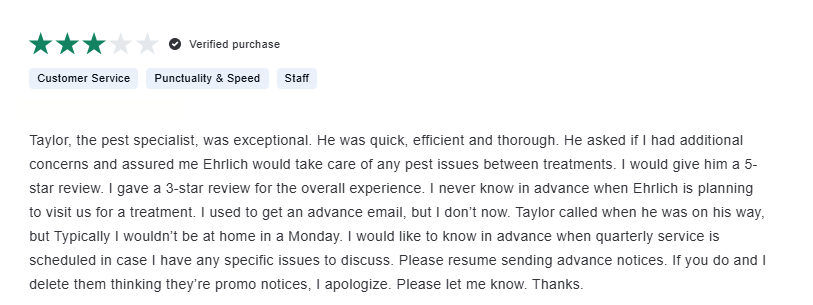 Three-star Ehrlich pest control customer review highlighting scheduling and communication issues.
