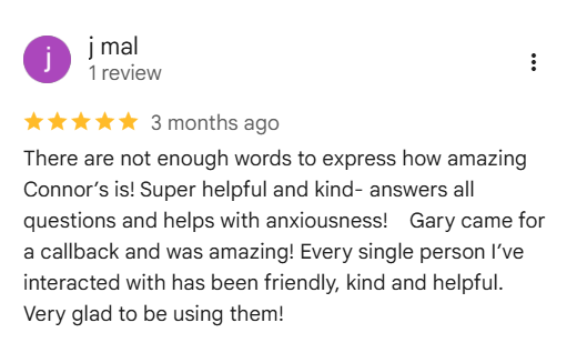Five-star Connor's Pest Pros customer review praising local pest control service.
