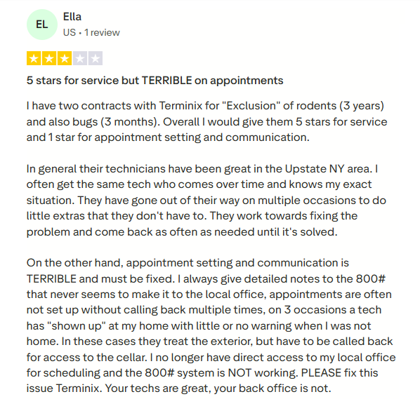 Three-star Terminix pest control customer review describing appointment and scheduling problems.