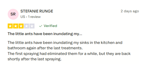 Three-star customer review of Aptive pest control service on a review page.