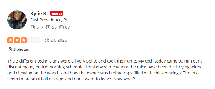Three-star customer review of Ehrlich Pest Control citing service quality concerns.