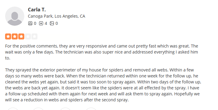 Three-star customer review of Orkin noting friendly service but limited treatment results.
