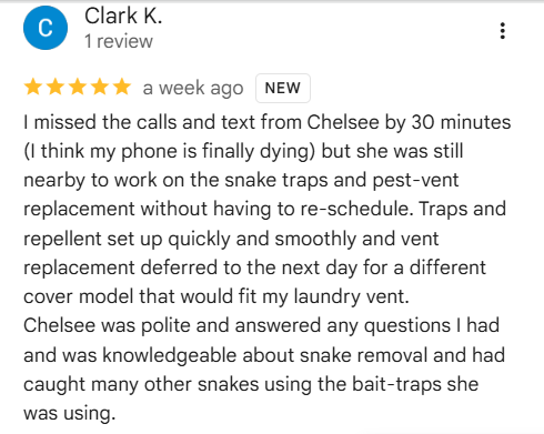 Five-star customer review praising Connor's Pest Pros for clear communication and follow-through.