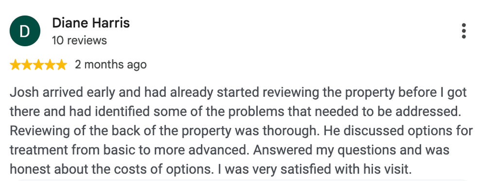 Review highlighting Connor’s Pest Pros' thorough inspection and clear communication
