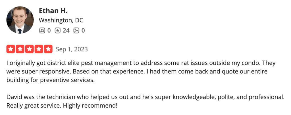 Review highlighting District Elite’s effective rodent control services