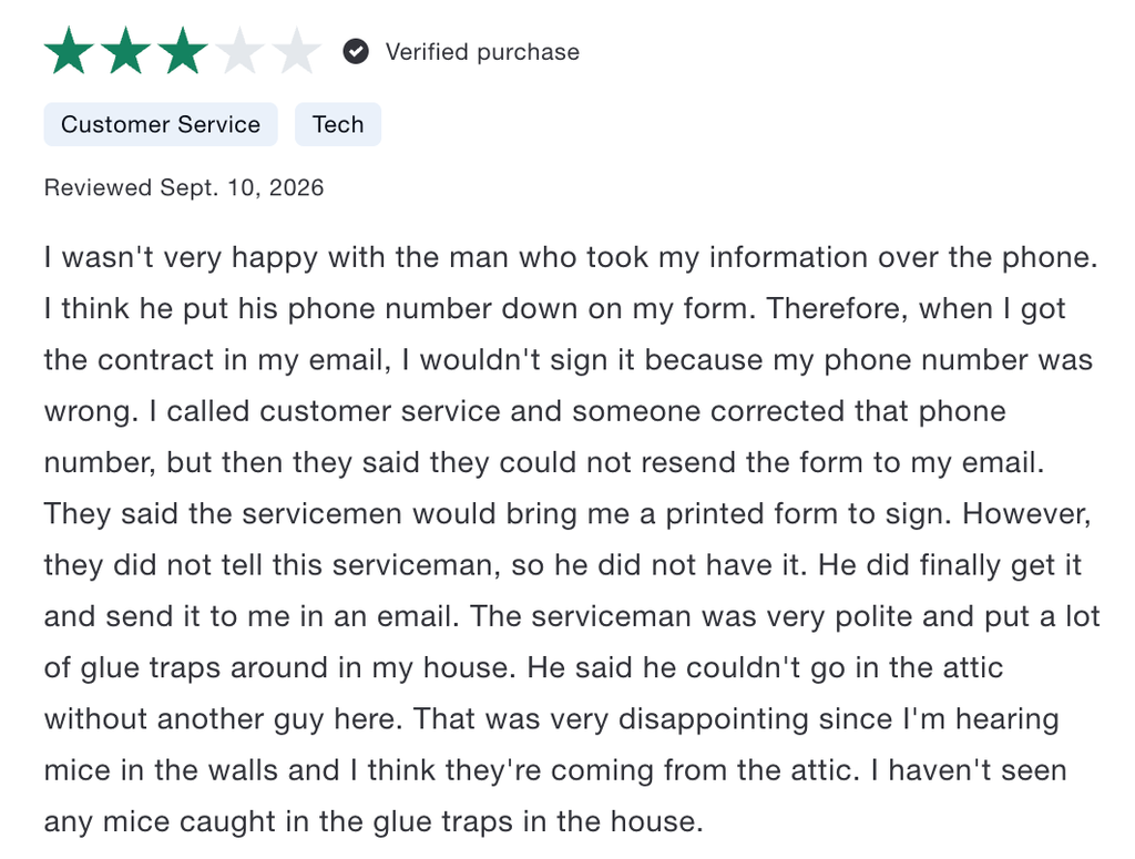 Review highlighting poor customer service and that rodent control was not performed in the attic