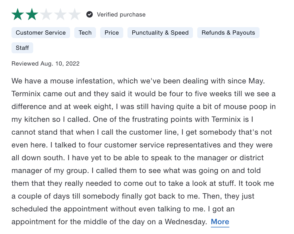 Review highlighting poor customer service and experience