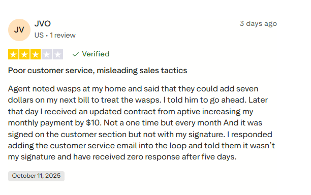 Three-star customer review describing mixed experiences with Aptive Pest Control service and contract terms