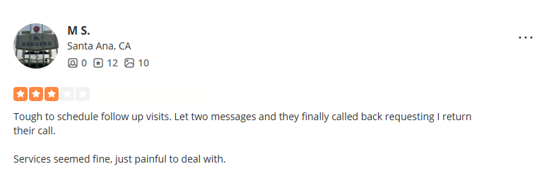 Three-star customer review describing mixed experiences with Moxie Pest Control scheduling and communication