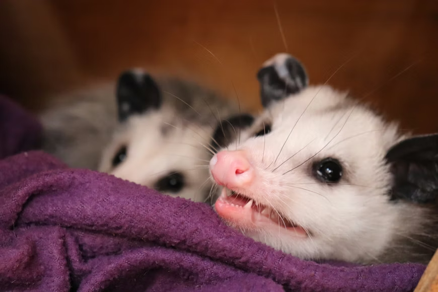 Two young opossums with white faces, black ears, and pink noses rest on a purple fleece blanket. 