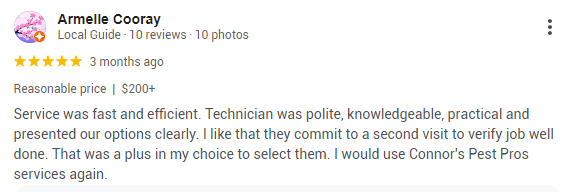 A 5-star Google rating given to Connor’s Pest Pros