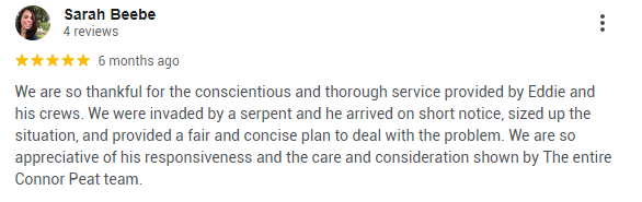 A 5-star rating given to Connor’s Pest Pros, highlighting the responsiveness and careful execution given by the team.