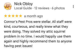 Five-star Google review for Connor's Pest Pros wildlife removal service