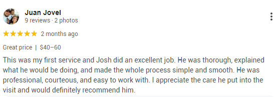 A customer review that highlights Better Termite’s thorough work and services