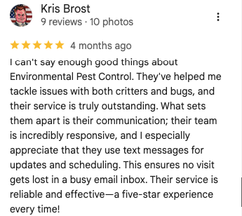Image of a 5-star Google customer review for Environmental Pest Control.