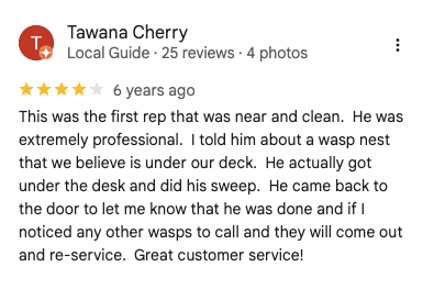 Positive customer review for Aptive Pest Control.