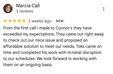 5-star customer review for Connor's Pest Pros. 