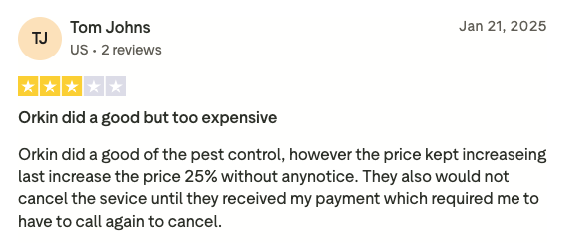 Customer feedback for Orkin Pest Control. 