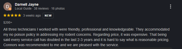 Connor's Pest Pros five-star customer review.
