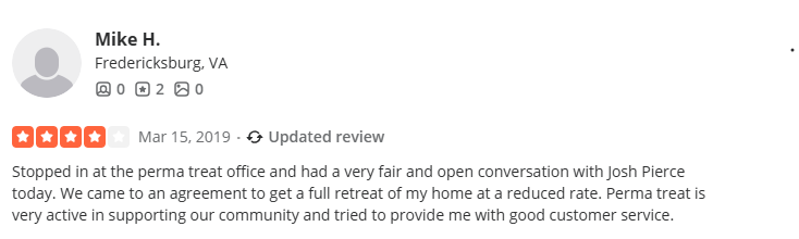 PermaTreat Pest Control customer review.
