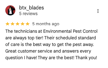 Image of a customer review for Environmental Pest Control.