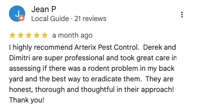 Image of a customer review for Arterix Pest Control.